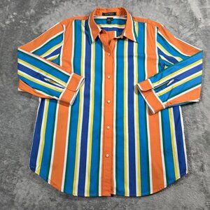 Lauren Ralph Lauren Top Womens L Orange Blue Stripe 3/4 Sleeve Preppy Blouse